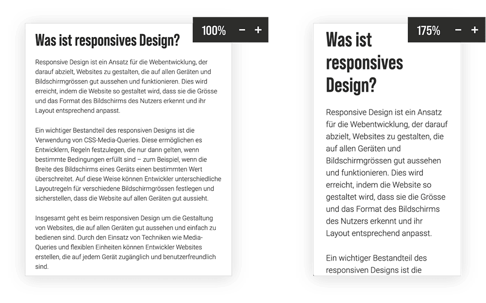Zeigt wie man den Text vergrössern kann als Vergleich. 100% zu 175%