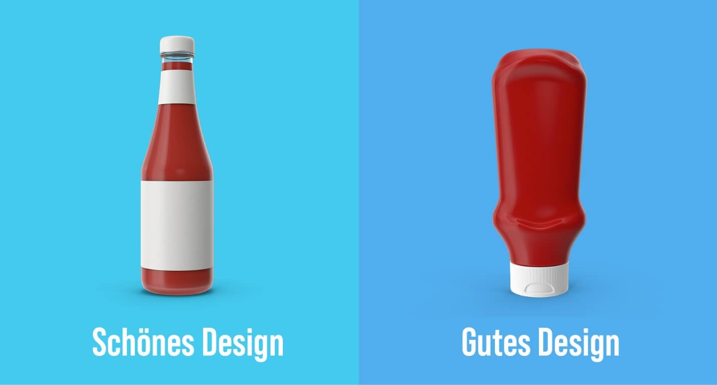 Ketchup Flasche, links schlechtes Design (Flasche mit Drehverschluss), rechts gutes Design, Ketchupflasche auf dem Kopf.