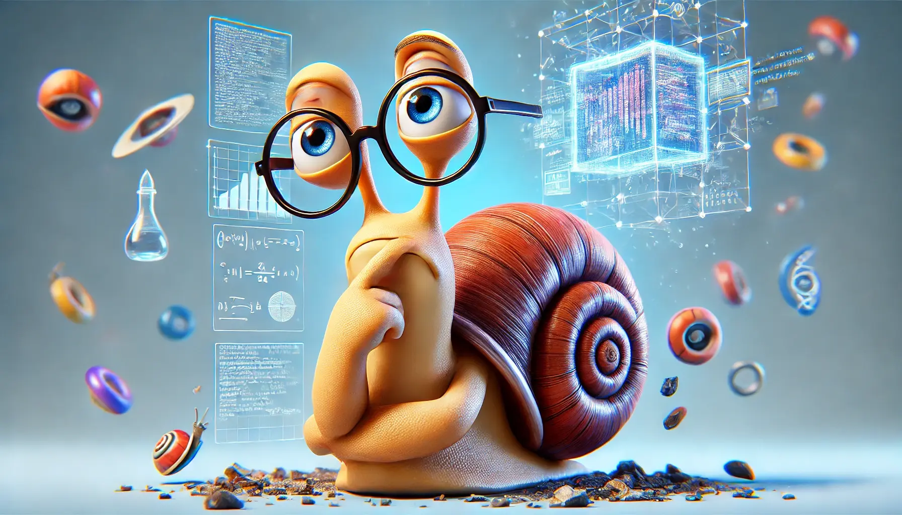 DALL·E 2025-02-22 14.07.16 - A highly intelligent-looking snail in a humorous Pixar-style design, sitting in a deep thinking pose similar to The Thinker statue. The snail wears 